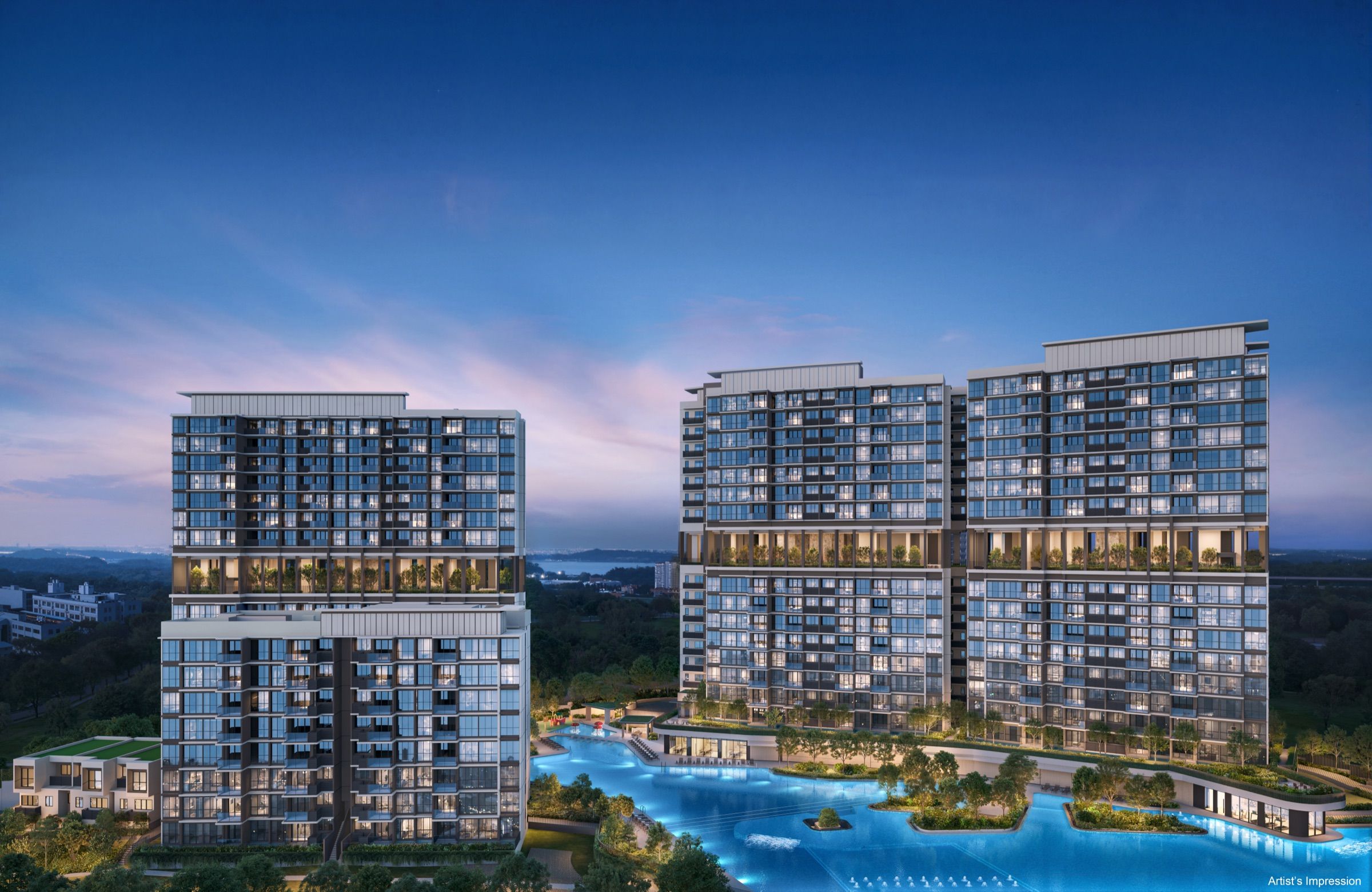 Artist’s impression of the Lentor Gardens Residences towers at dusk with lit apartments and the pool deck below