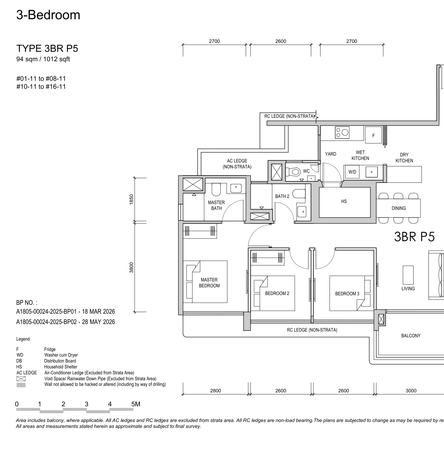 Floor plan for the 3-Bedroom Premium P5 layout at Lentor Gardens Residences, approximately 1012 square feet