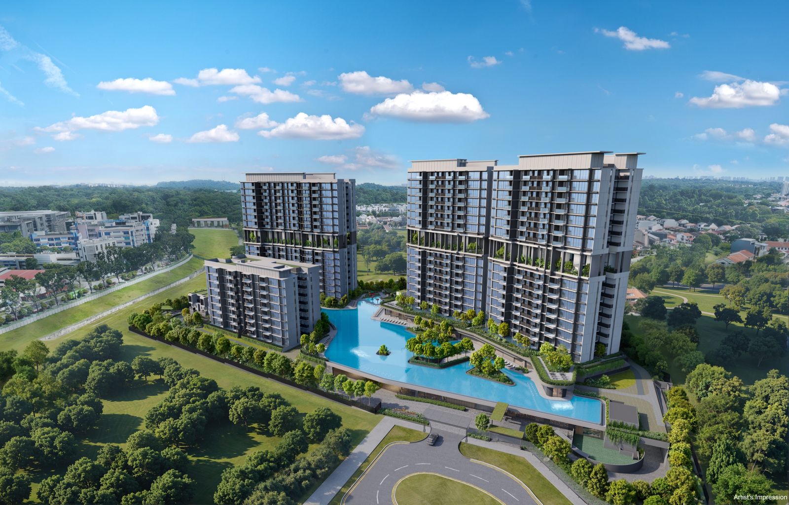 Aerial artist’s impression of Lentor Gardens Residences showing four residential towers around a landscaped lagoon pool, surrounded by greenery in the Lentor Hills estate