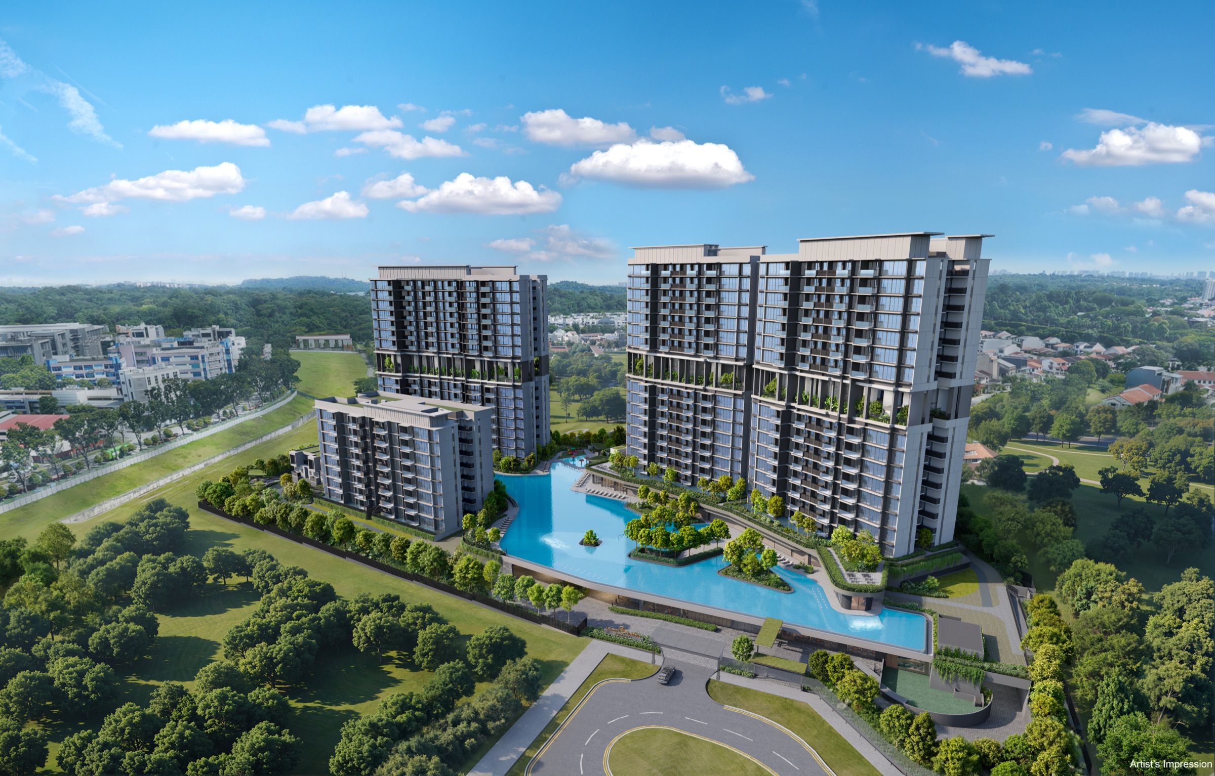 Aerial artist’s impression of Lentor Gardens Residences by day, showing the four residential towers arranged around a central lagoon pool with landscaped grounds and surrounding greenery