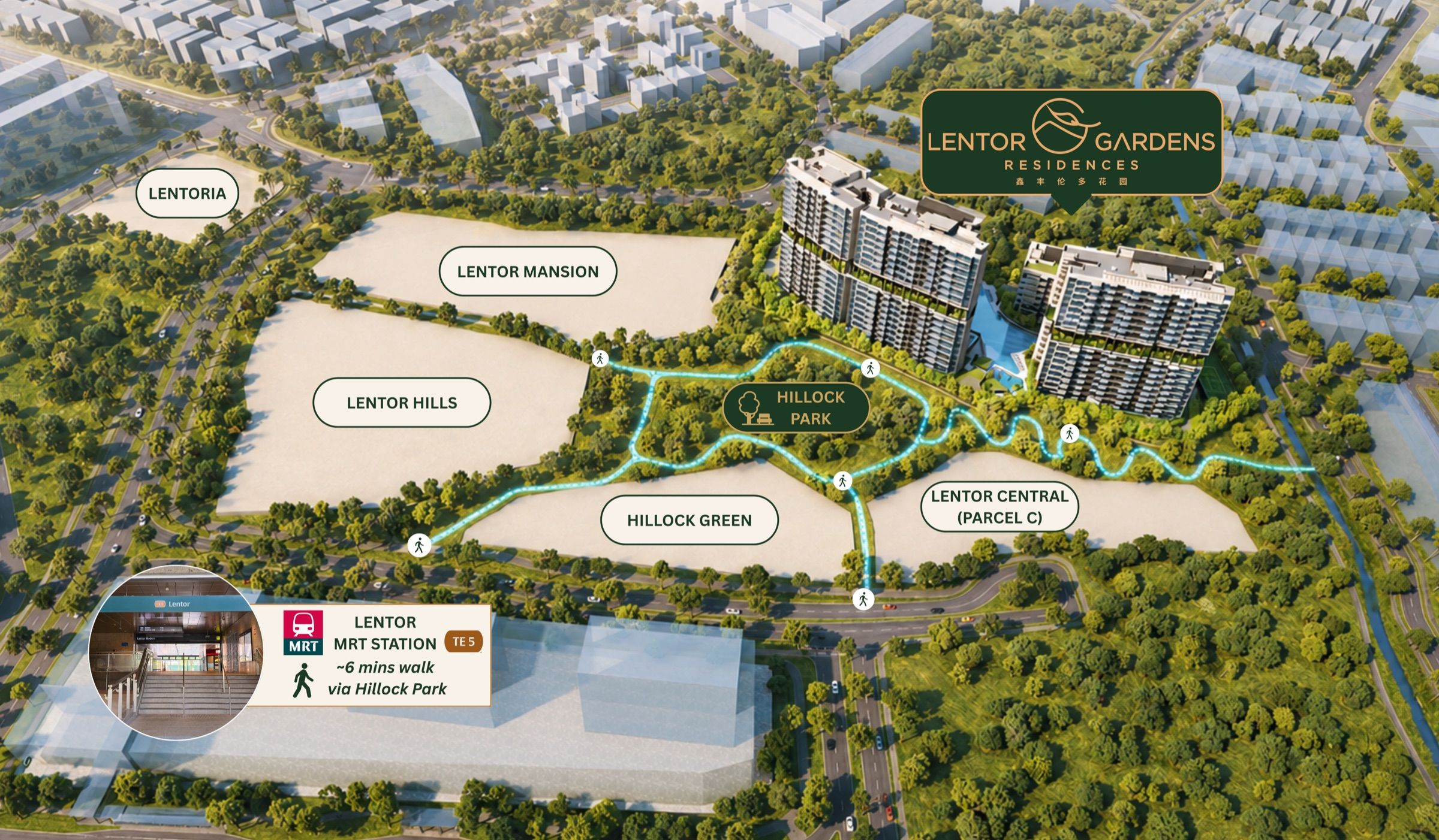 Aerial site context view showing Lentor Gardens Residences beside Hillock Park, with the green link route to Lentor MRT station and neighbouring Lentor Hills parcels labelled