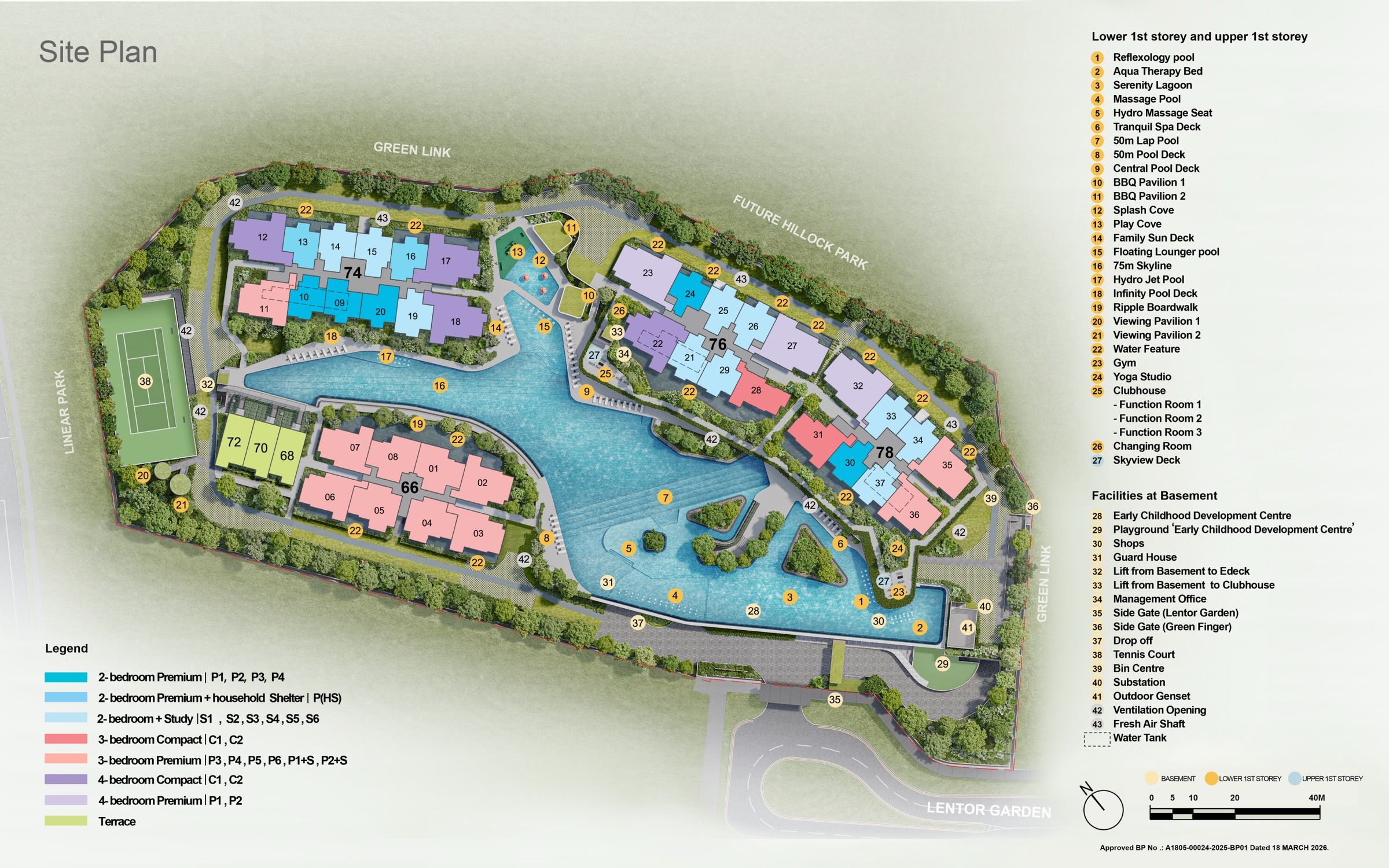 Site plan of Lentor Gardens Residences showing the four blocks, the three terrace homes, the central water body and the numbered facilities legend