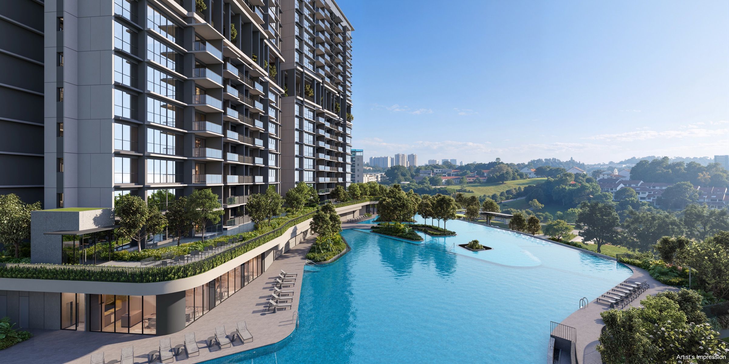 Artist's impression of the 75-metre Skyline pool at Lentor Gardens Residences, with the pool deck running alongside a residential block and open greenery beyond