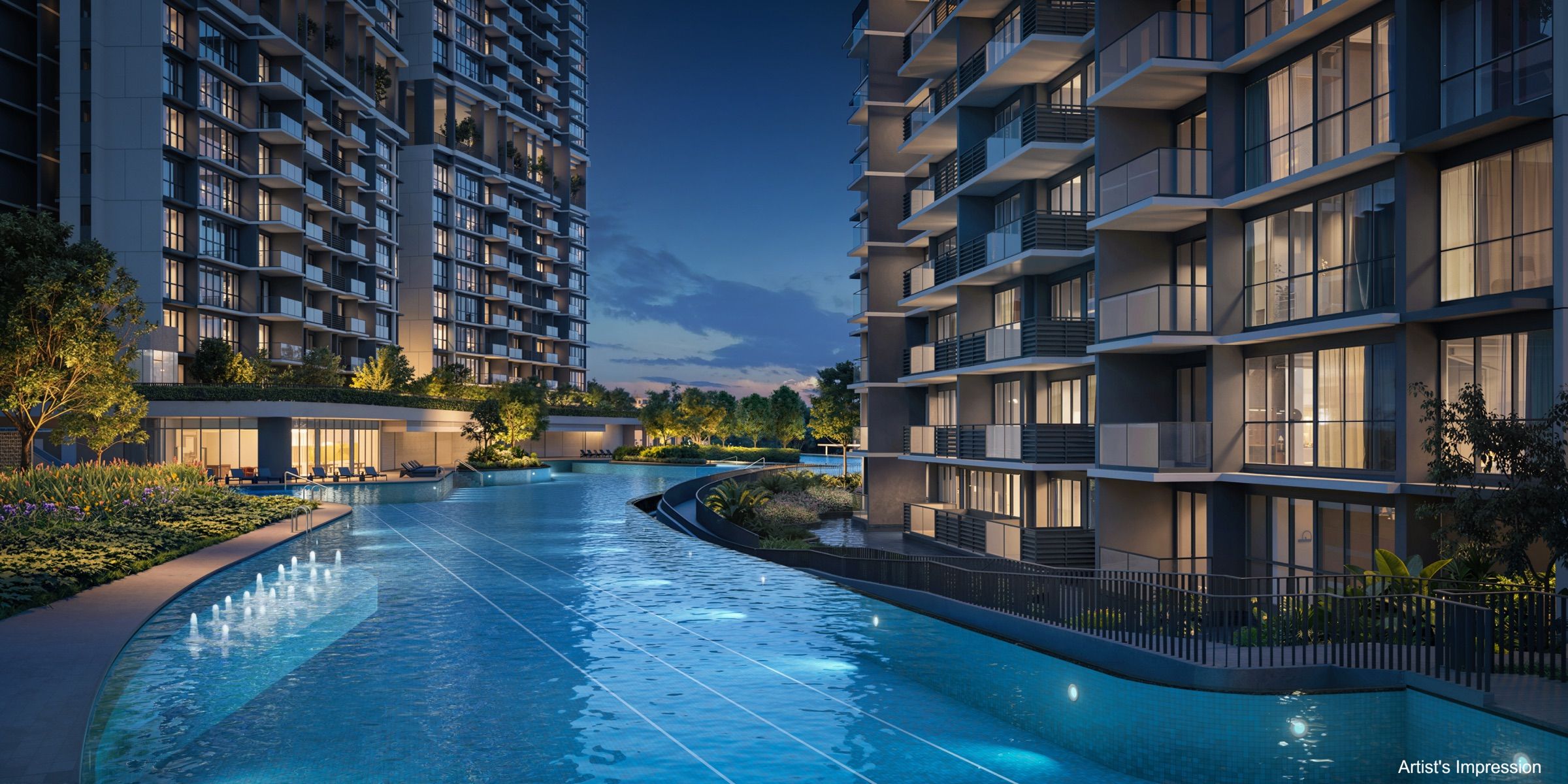 Artist’s impression of the pool running between two residential blocks at night, with water jets and lit balconies above