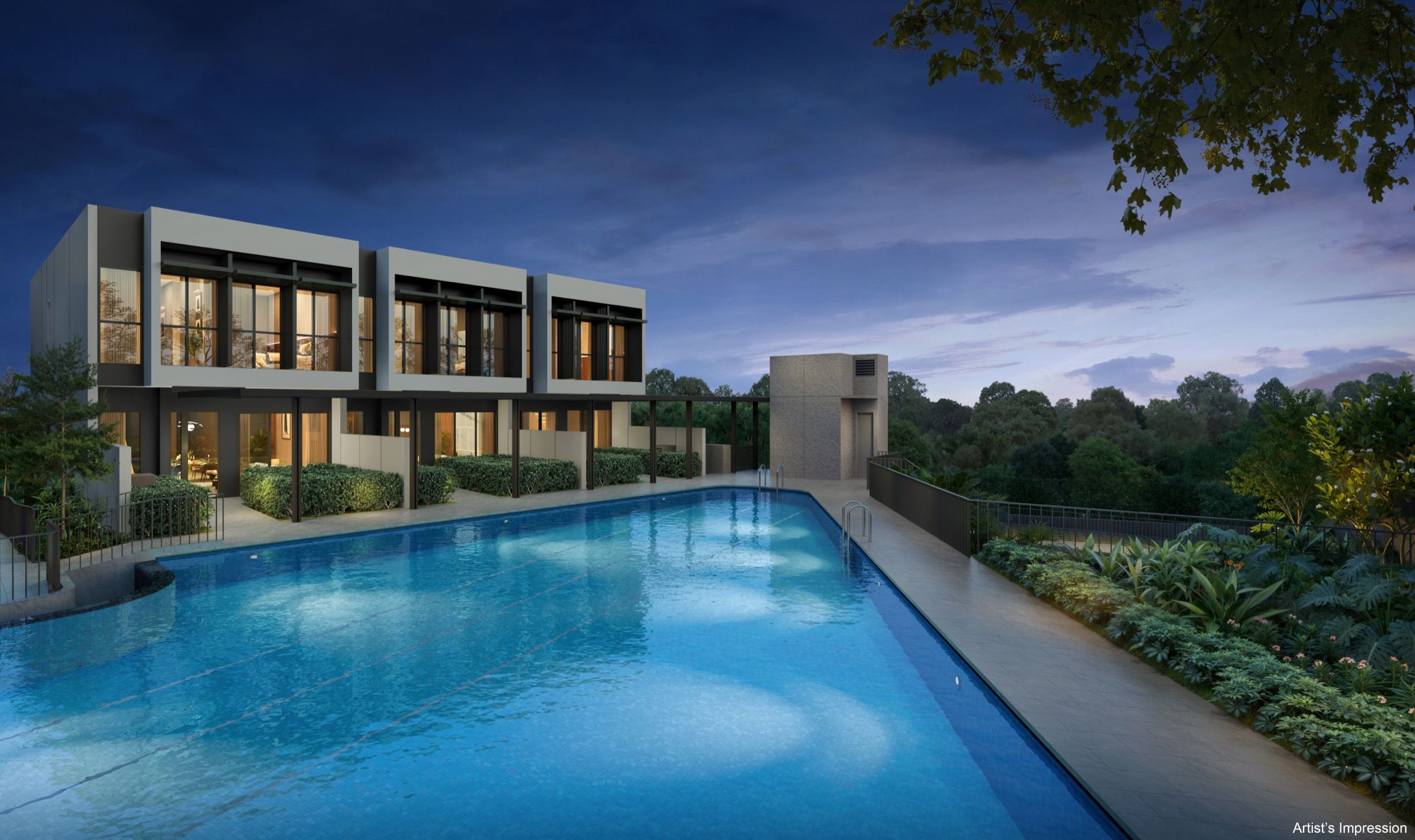 Artist’s impression of the three strata terrace homes at dusk, set alongside the 75-metre pool and framed by planting